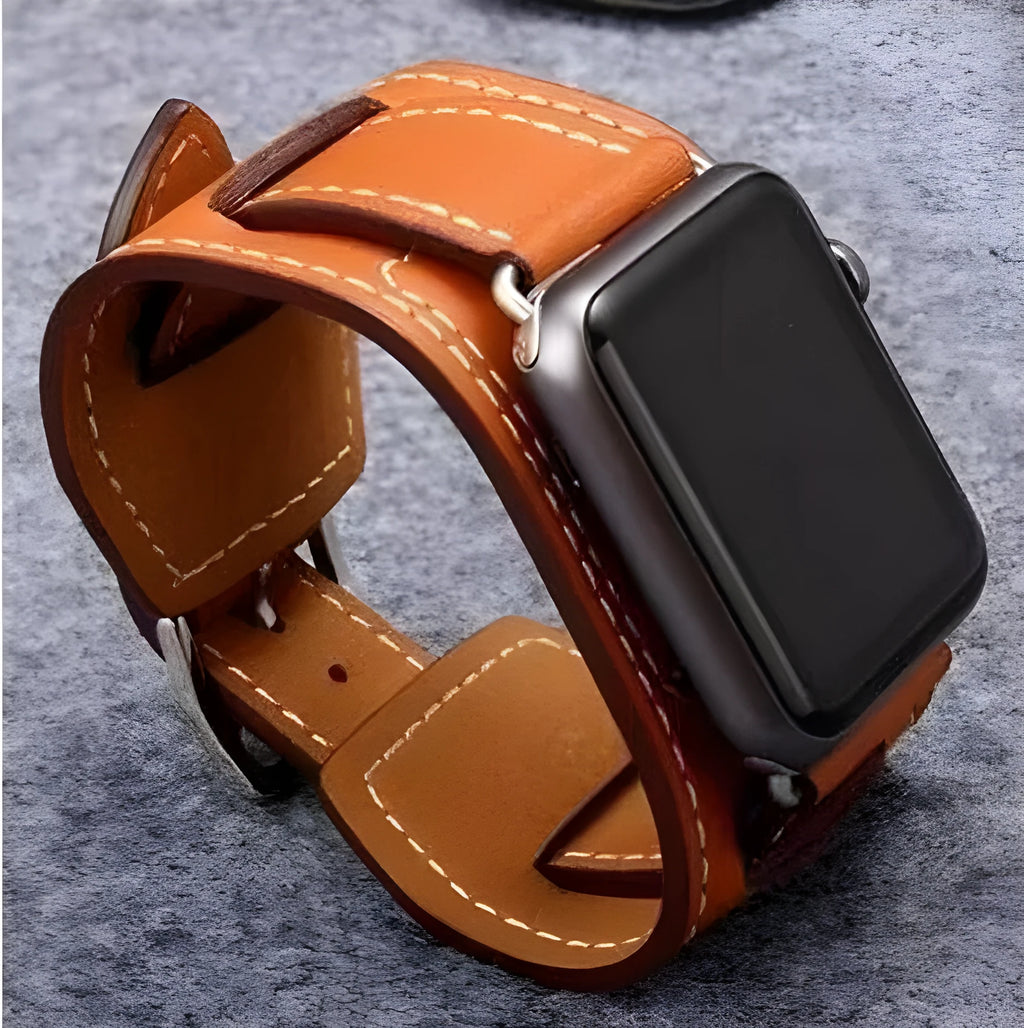 Genuine leather watch band replacement strap in brown, 42mm width, belt-style buckle