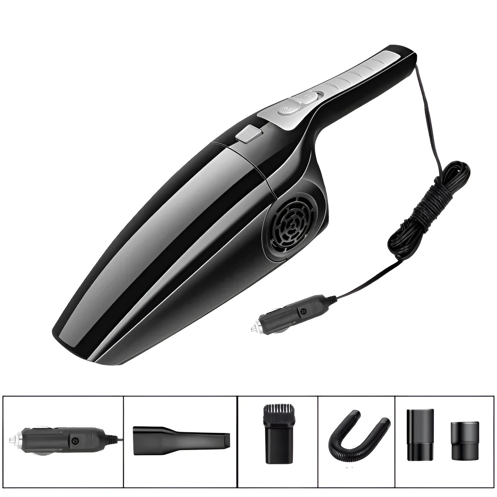 Black and orange car vacuum cleaner with cigarette lighter power cable and compact 36cm design