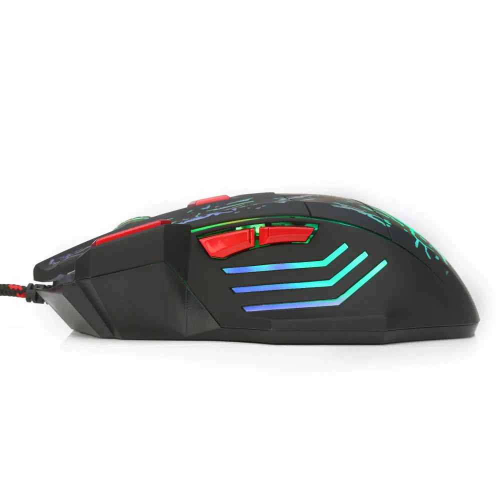 Black gaming mouse with colourful luminous lighting effects and USB cable