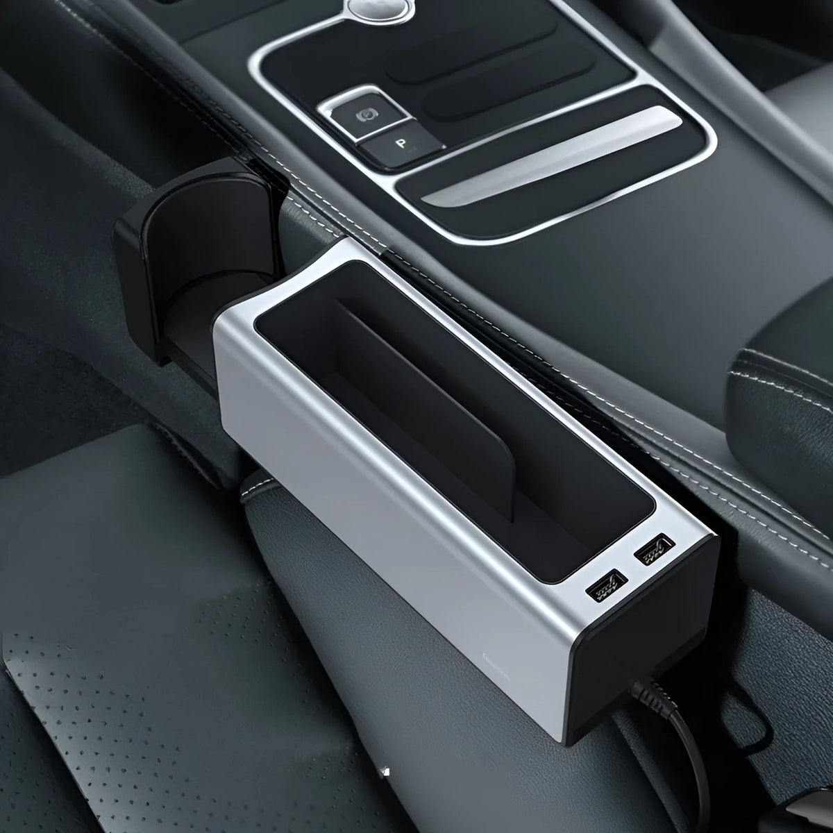 Baseus Zhizhen Metal Armrest Box Storage Box in black and silver with 5V/2A input for car seat armrest