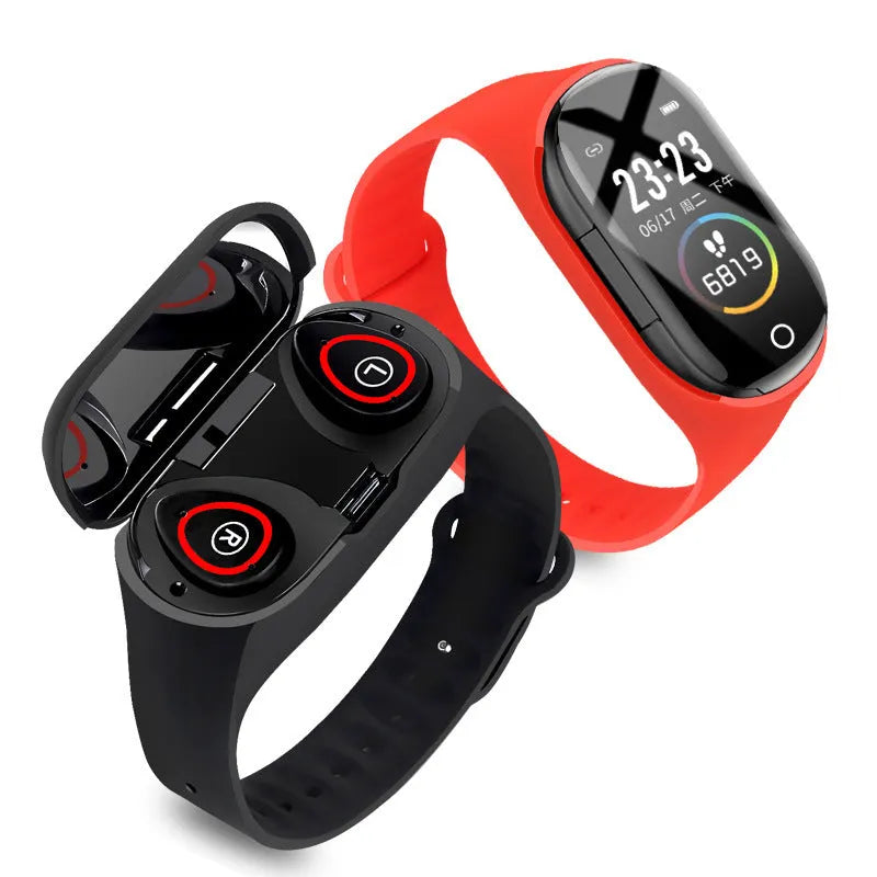 Blue smart bracelet and earphone combo with 1-inch screen on a silicone wristband.