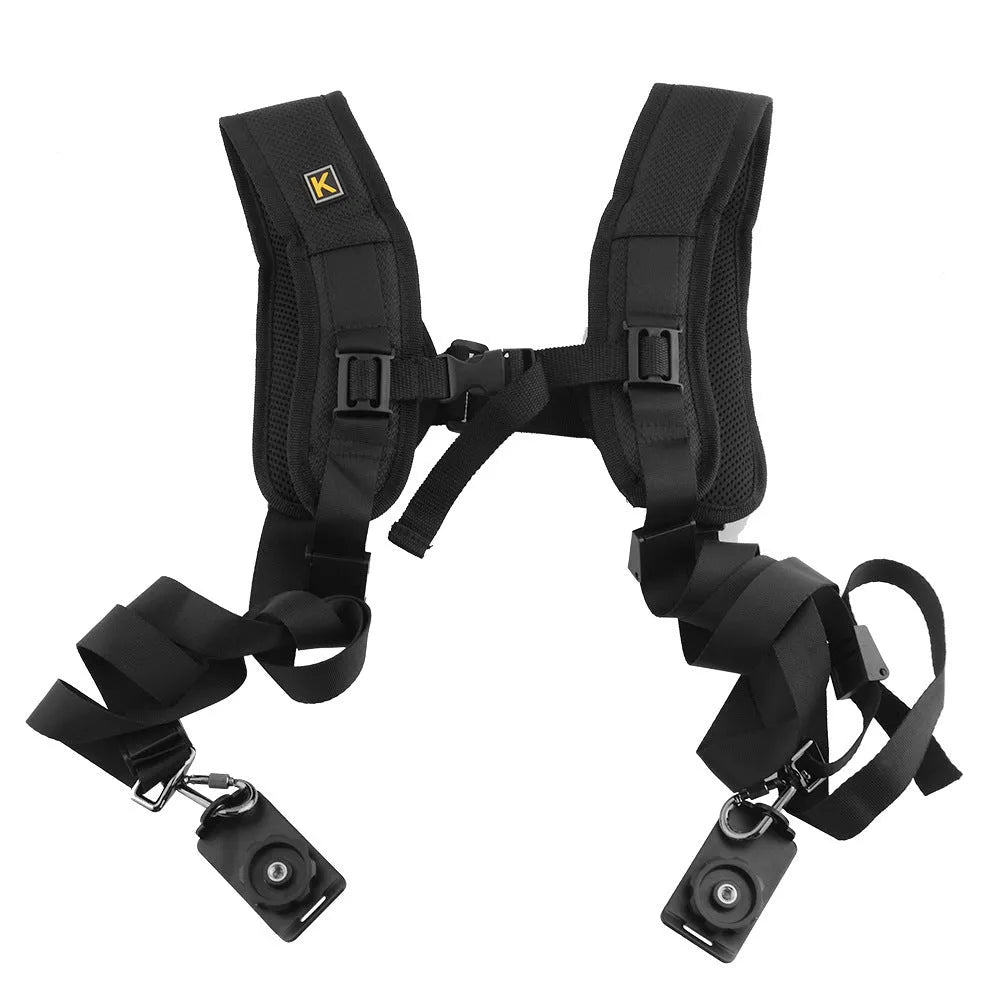 Black professional dual shoulder strap for carrying two SLR cameras simultaneously.