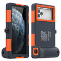 Orange universal waterproof phone case with transparent PC showing compatible iPhone and Samsung models