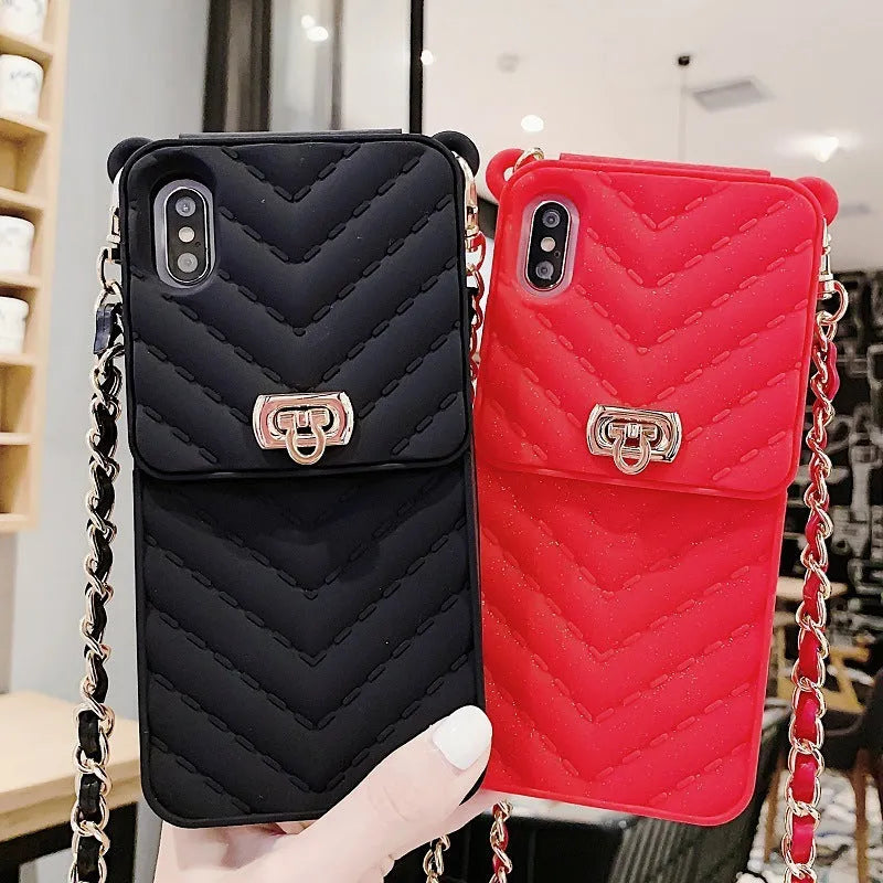 Chain card phone case wallet style in pure colour black with detachable chain on white background