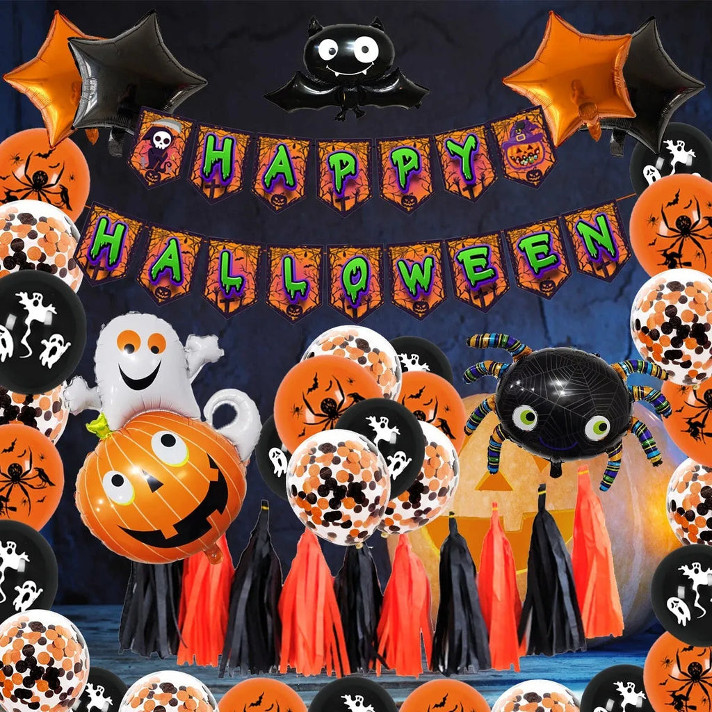Black and white latex Halloween balloons for building a spider-themed balloon arch decoration.
