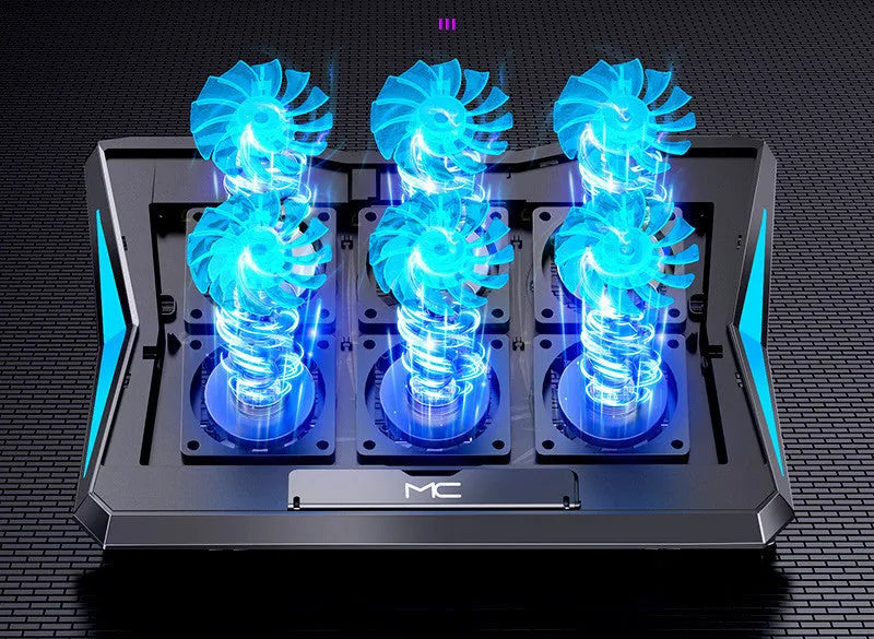 Black foldable laptop cooler stand with six fans, metal mesh surface and adjustable angle, 368 x 273 x 28 mm