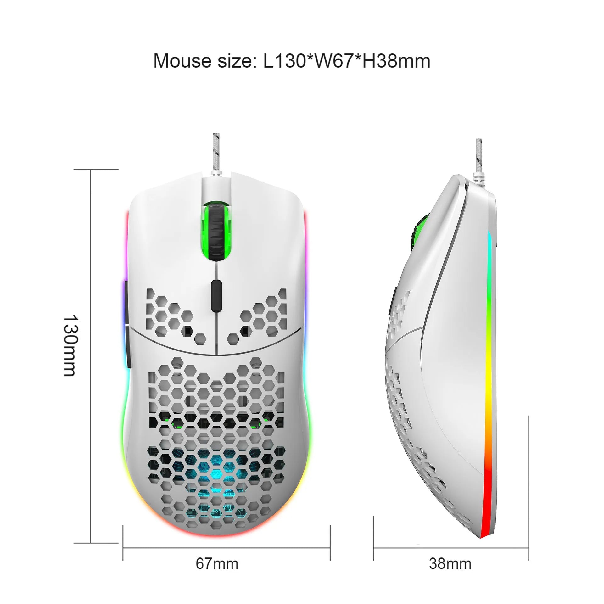 J900 lightweight honeycomb shell wired RGB gaming mouse in black with 6 programmable buttons and 150cm USB cable