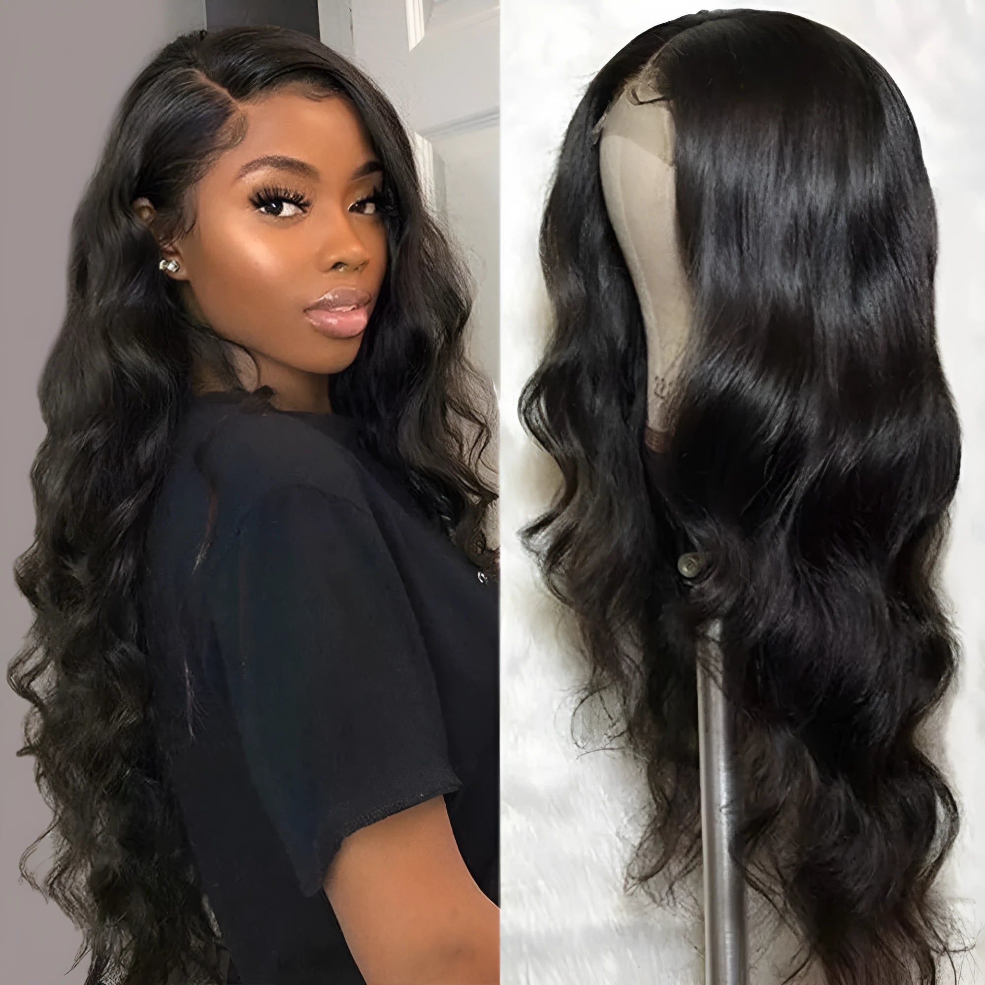 Natural real human hair wig for ladies in black medium length mechanically made