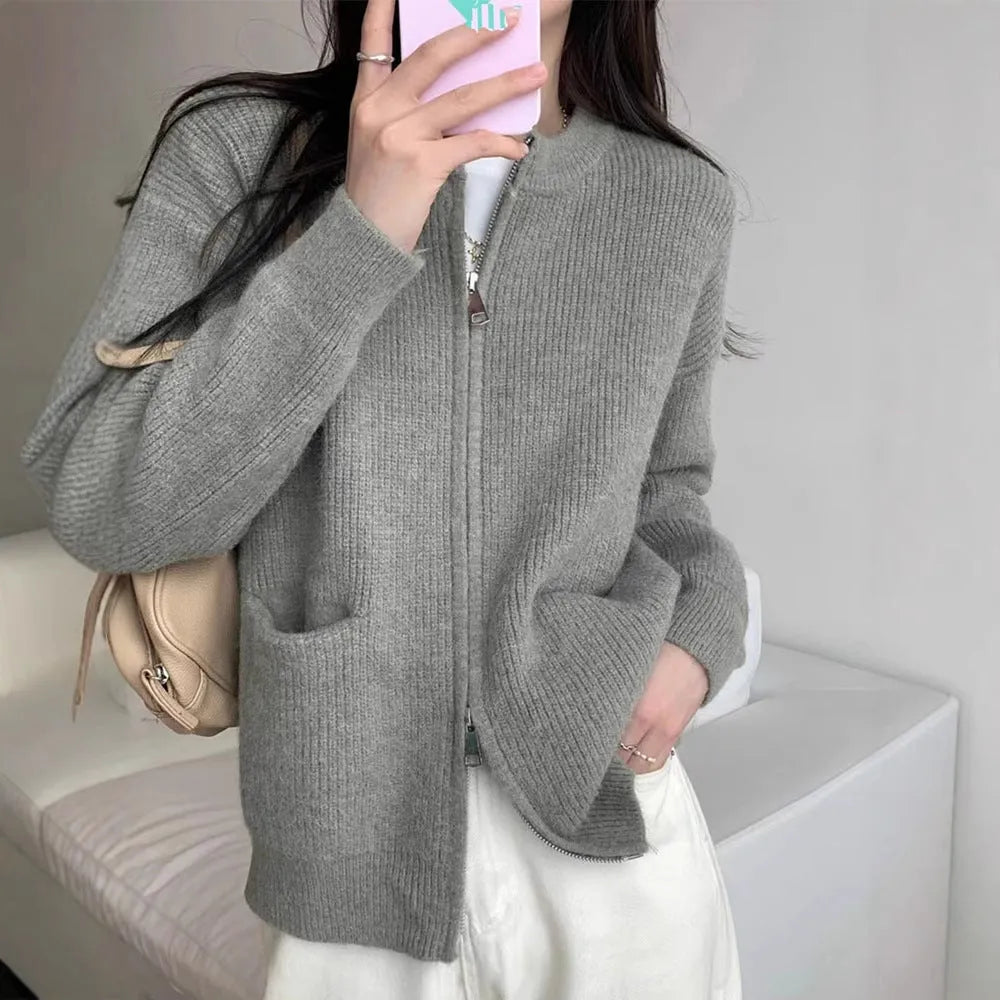 Soft viscose knit sweater coat cardigan with long sleeves in beige, grey, black, or khaki.
