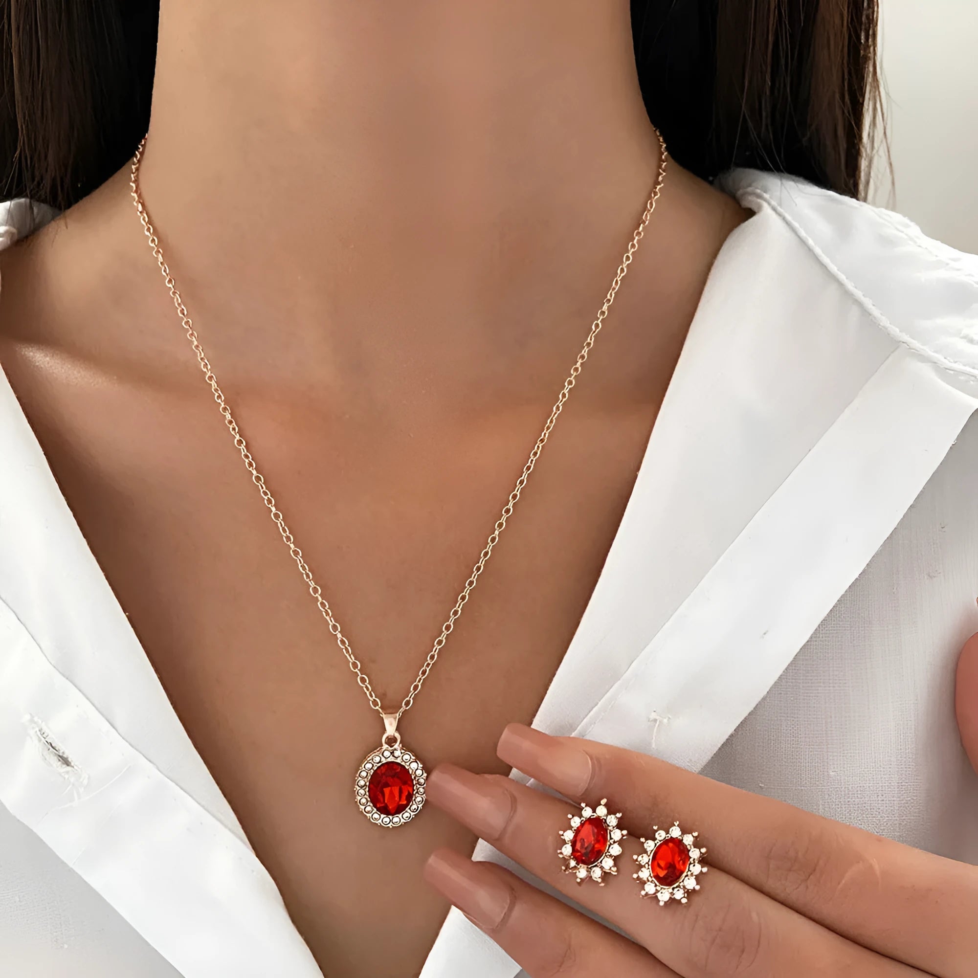 Rose gold sunflower earrings and necklace set for women on white background