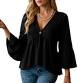 Women's black solid colour casual shirt with three-quarter flared sleeves and pleated detail, sizes S to 2XL.