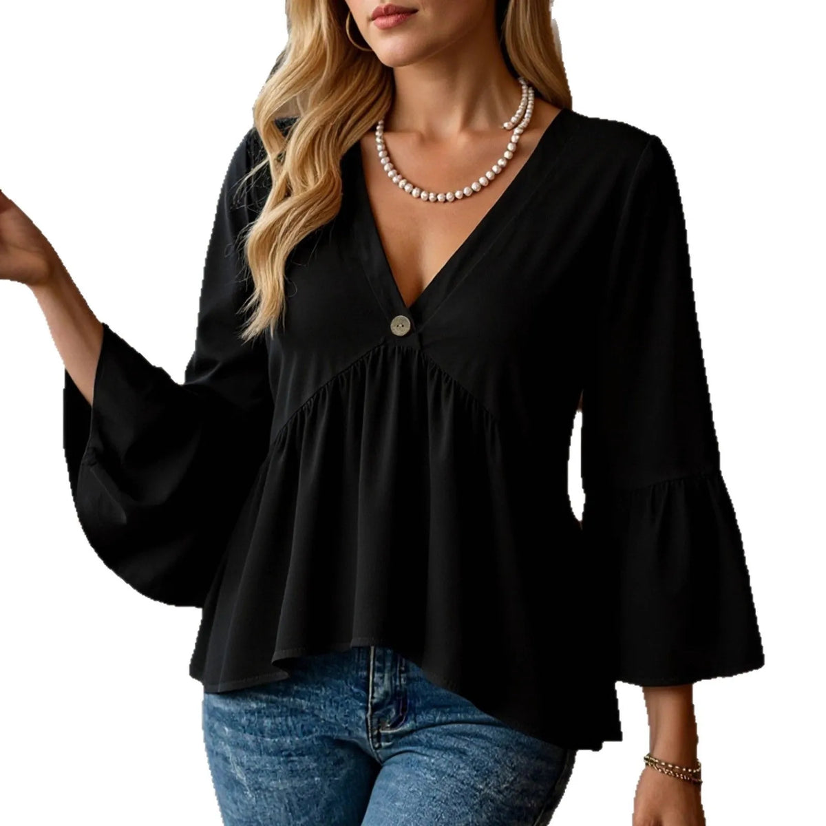 Women's black solid colour casual shirt with three-quarter flared sleeves and pleated detail, sizes S to 2XL.