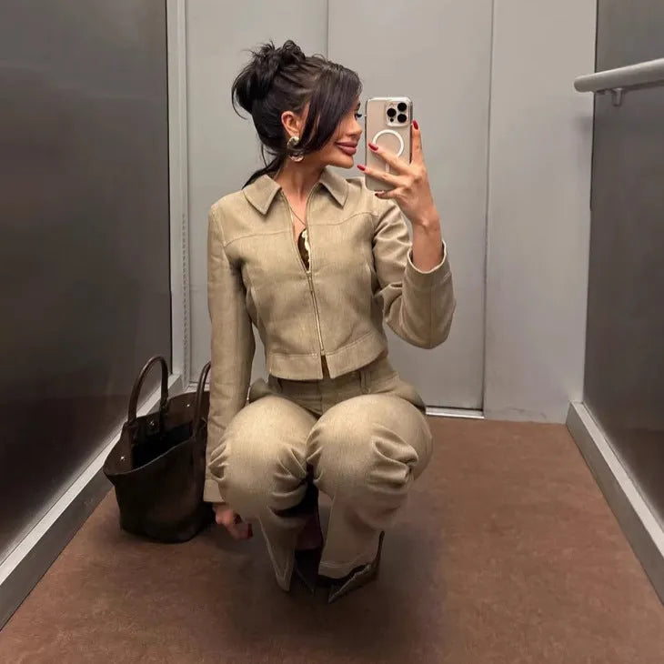 Women's herringbone pattern polyester suit set with long sleeve coat and straight-leg trousers
