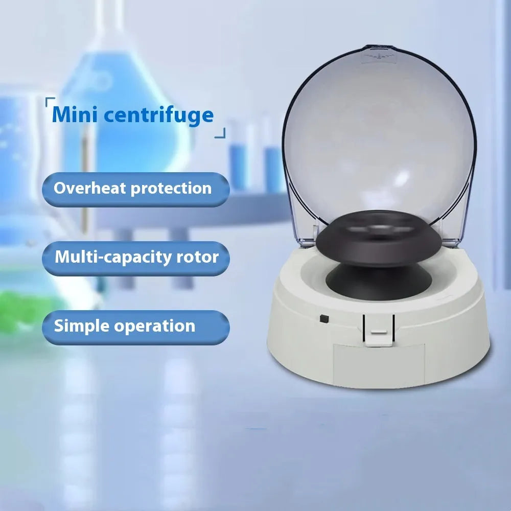Mini laboratory electric centrifuge unit on a bench, showing compact size.