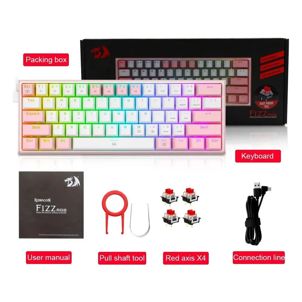 White pink mechanical keyboard with RGB backlighting and dual keycaps on black background