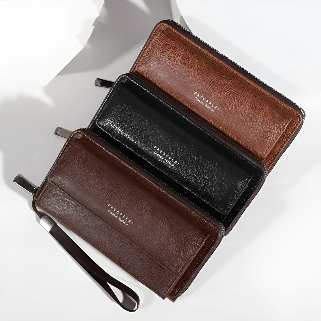 Men's black PU leather long wallet with multiple card slots, shown next to a brown version.