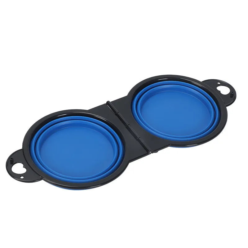 Blue silicone folding double pet bowl shown open for use and collapsed flat for storage.