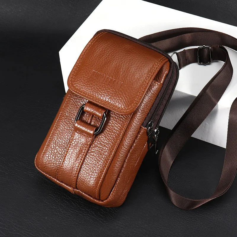 Genuine leather men's mobile phone waist bag in square vertical shape with sewing line detailing black large size