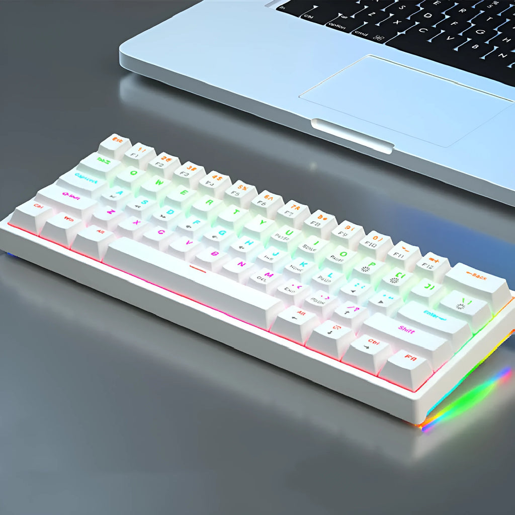 Small 61-key wired mechanical keyboard with hot-swappable sockets in blue and white colour scheme