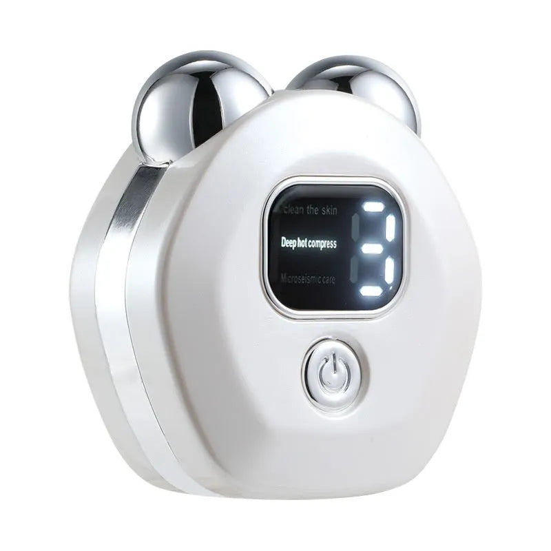 Portable white facial massager with hot compress, micro current, and double roller head for skin rejuvenation.