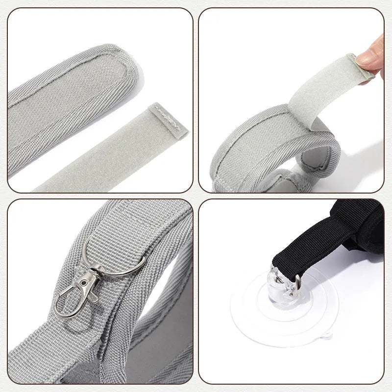 Adjustable fabric pet bathing restraint collar with suction cup in black, grey, and pink