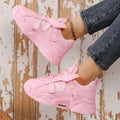 Women's platform mesh sports shoes in purple, green, white, pink and yellow colours with front lace-up design