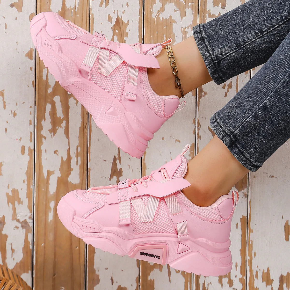 Women's platform mesh sports shoes in purple, green, white, pink and yellow colours with front lace-up design