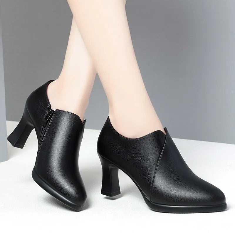 Deep mouth PU leather pumps with side zipper, thick heel, and tip-toe design in black and brown