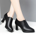 Deep mouth PU leather pumps with side zipper, thick heel, and tip-toe design in black and brown