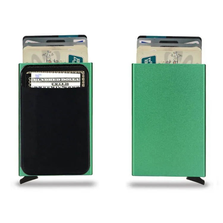 Frosted aluminium alloy RFID-blocking credit card holder in multiple colours, showing slim profile.