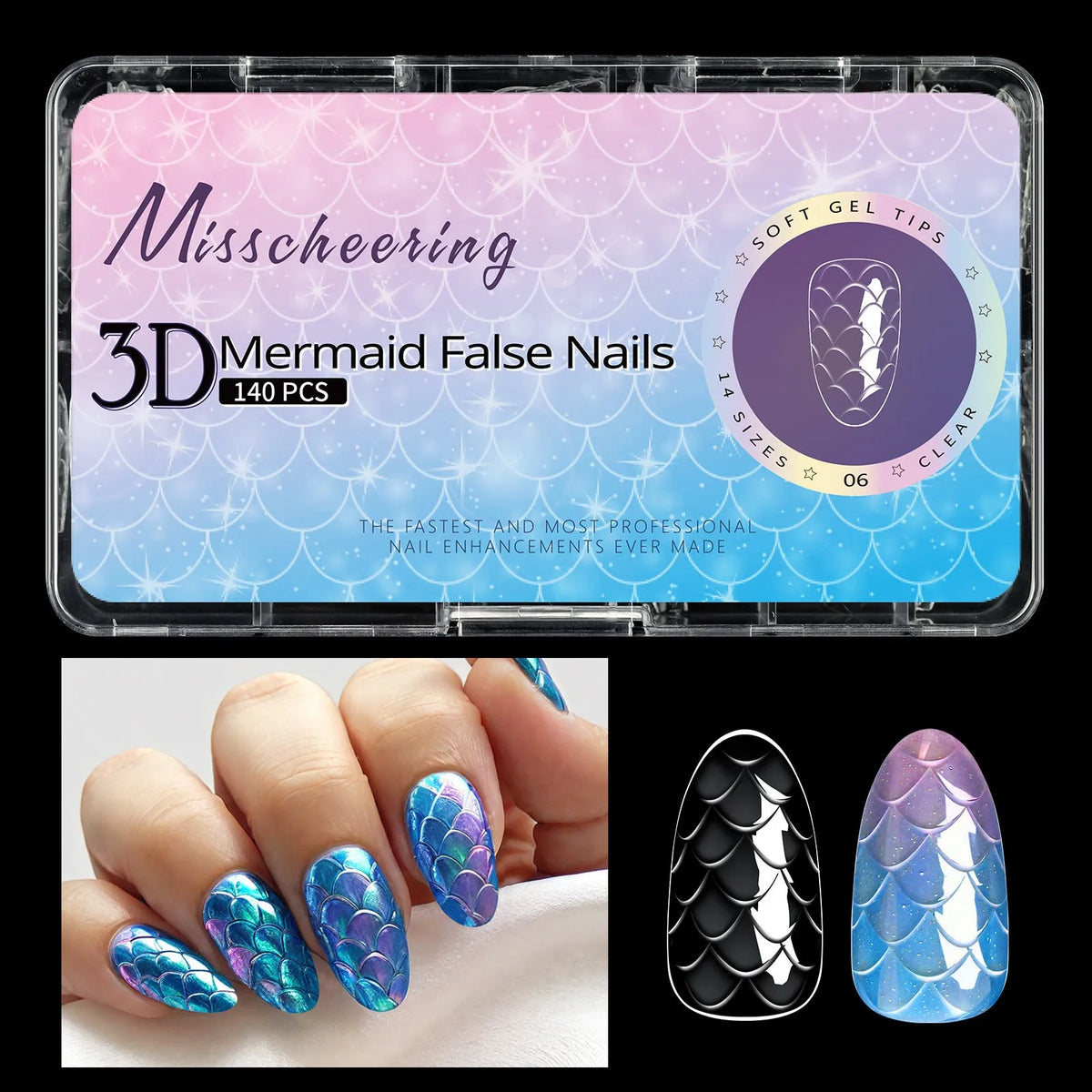 Pack of 3D scale texture long artificial nail tips with deep C-Cut, shown in Frigate Box colour options.