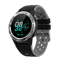 Outdoor sports smart watch with silicone band showing on a wrist, display visible with fitness metrics.