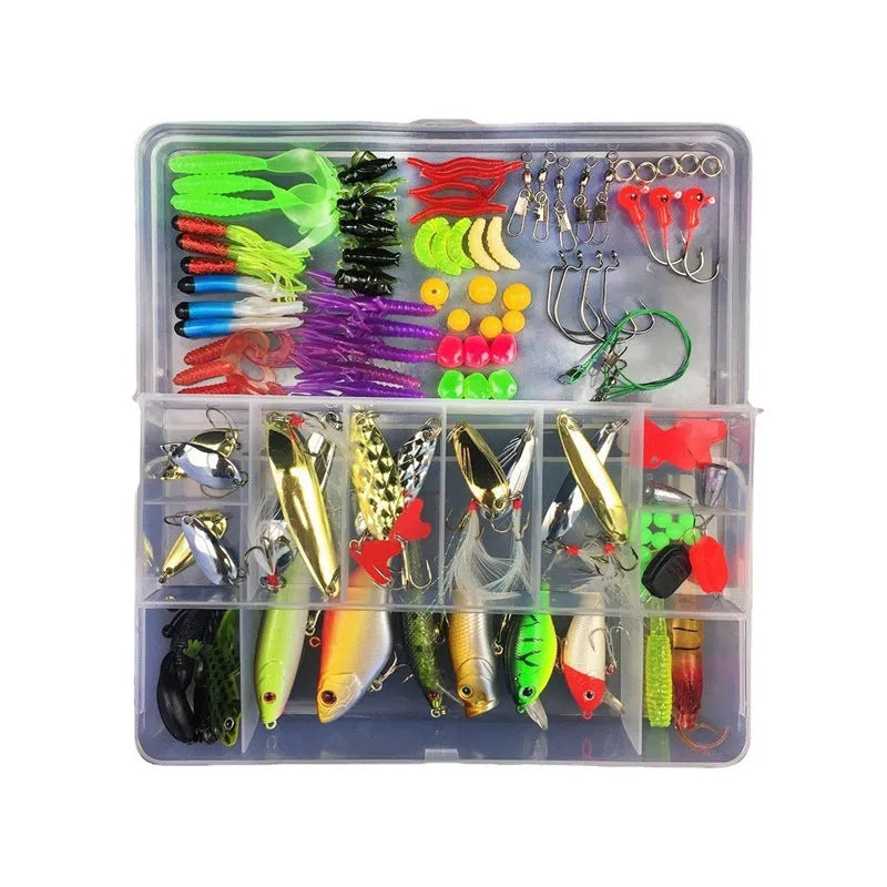 Fishing lure suit with PP plastic box containing multiple artificial baits in compartmentalised storage
