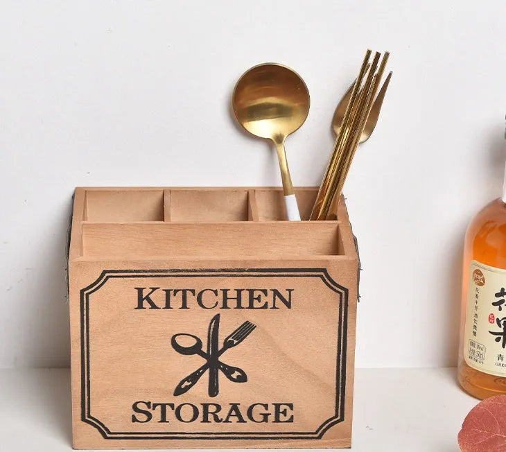 Wooden kitchen storage box with grid divider for organising knives forks and chopsticks