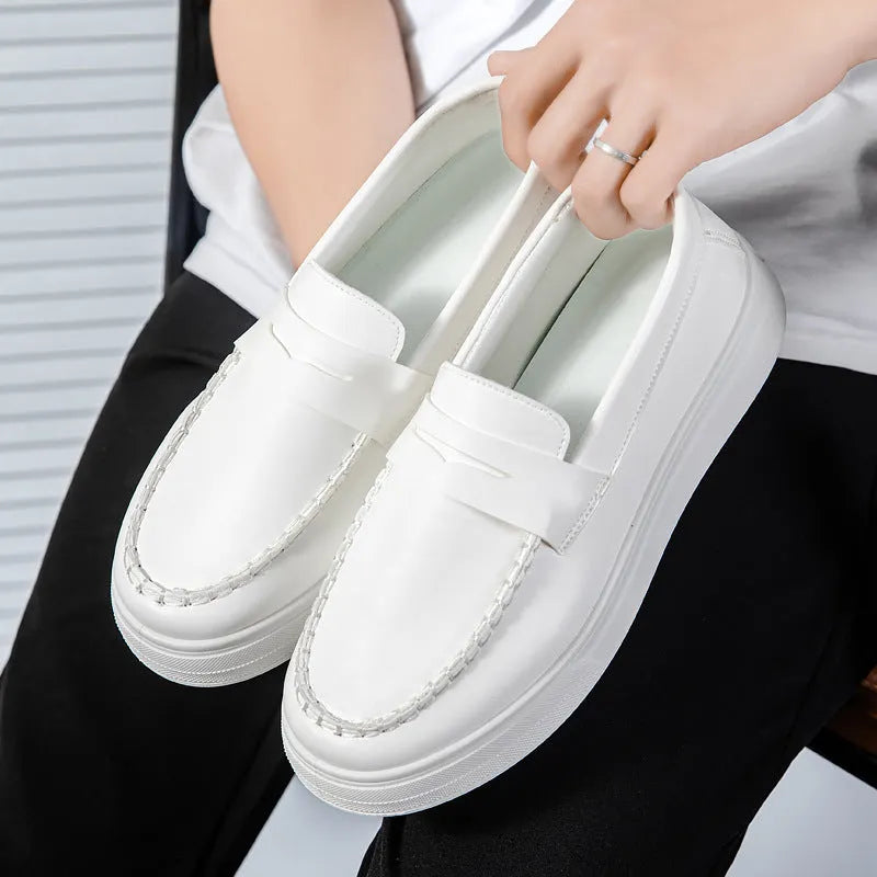 Men's casual slip-on loafers in PU leather with round toe, shown in white, black and white, and khaki colours
