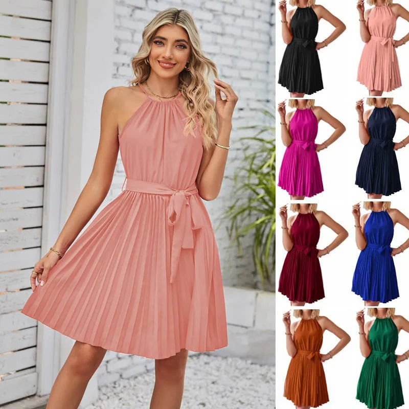 Women's black halter neck strapless dress with a pleated chiffon skirt and adjustable waist belt.