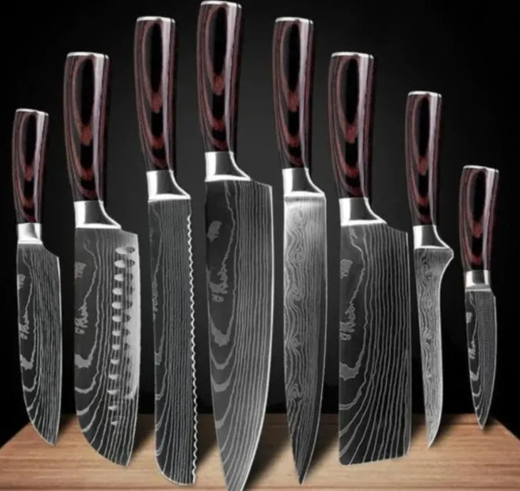 7Cr17 stainless steel chef knife with 18cm blade, laser Damascus pattern, and coloured wood handle
