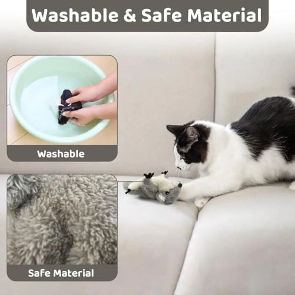 Gray flapping squirrel cat toy with touch-activated motion and USB charging port