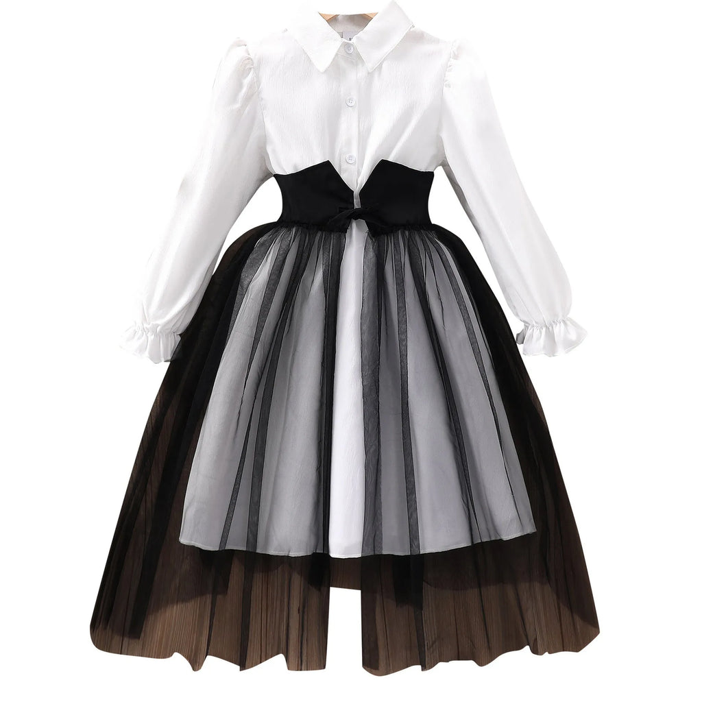 Solid colour girls dress with mesh stitching detail in black