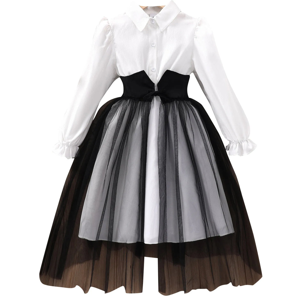 Solid colour girls dress with mesh stitching detail in black