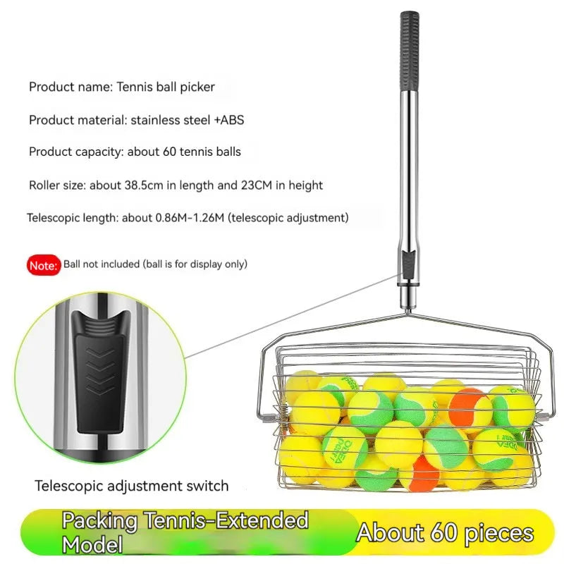 Stainless steel tennis ball picker with adjustable handle on a court.