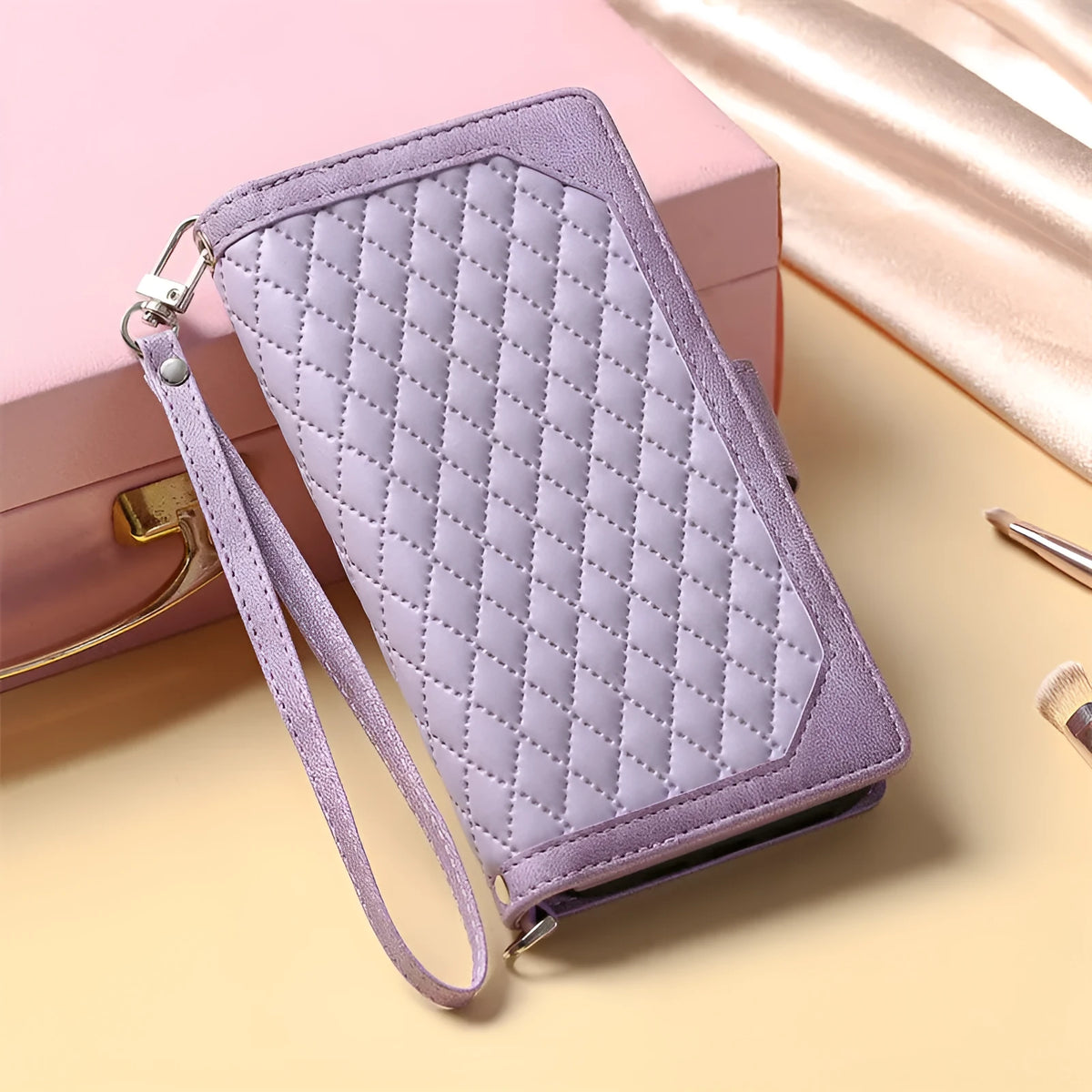 Crossbody plaid zipper phone case for Samsung S23 Ultra with card slots and shoulder strap