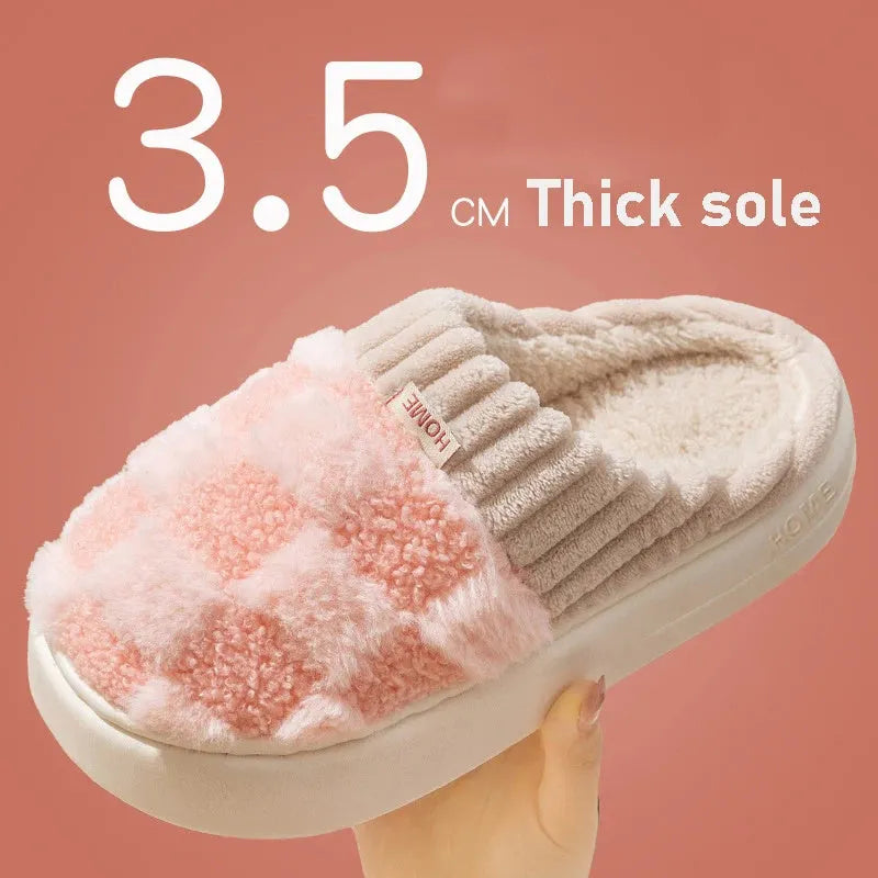 Women's plush indoor slippers with non-slip sole in coffee, green, grey, pink, or white colours