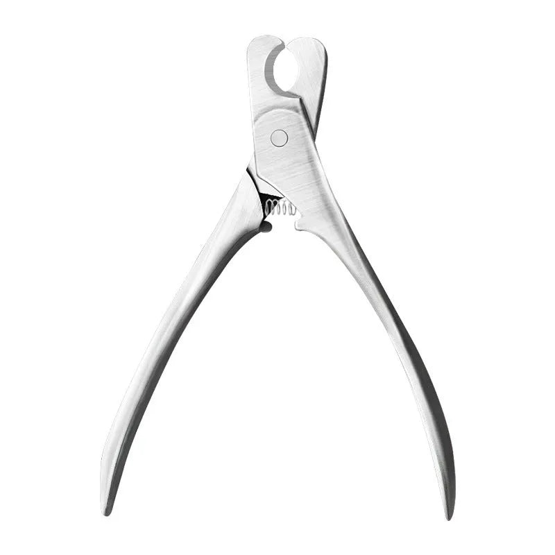 Silver stainless steel professional pet nail clipper with finger grip handle for dogs and cats.