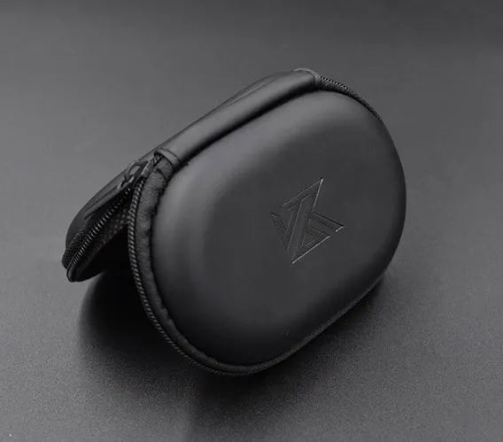 Black oval leather earphone storage bag compatible with EDX PRO and ZEX PRO earbuds.