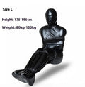 Black patent leather L size BDSM restraint kit with six ratchet straps and face piece