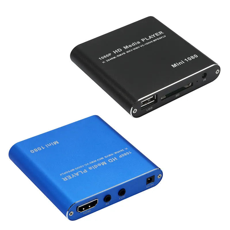 1080P Full HD media player in black or blue with HDMI port, SD card slot, and USB inputs
