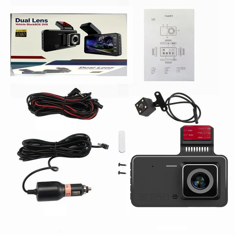 4-inch adhesive dashcam with dual lens, touch controls, and wide-angle lens for car recording