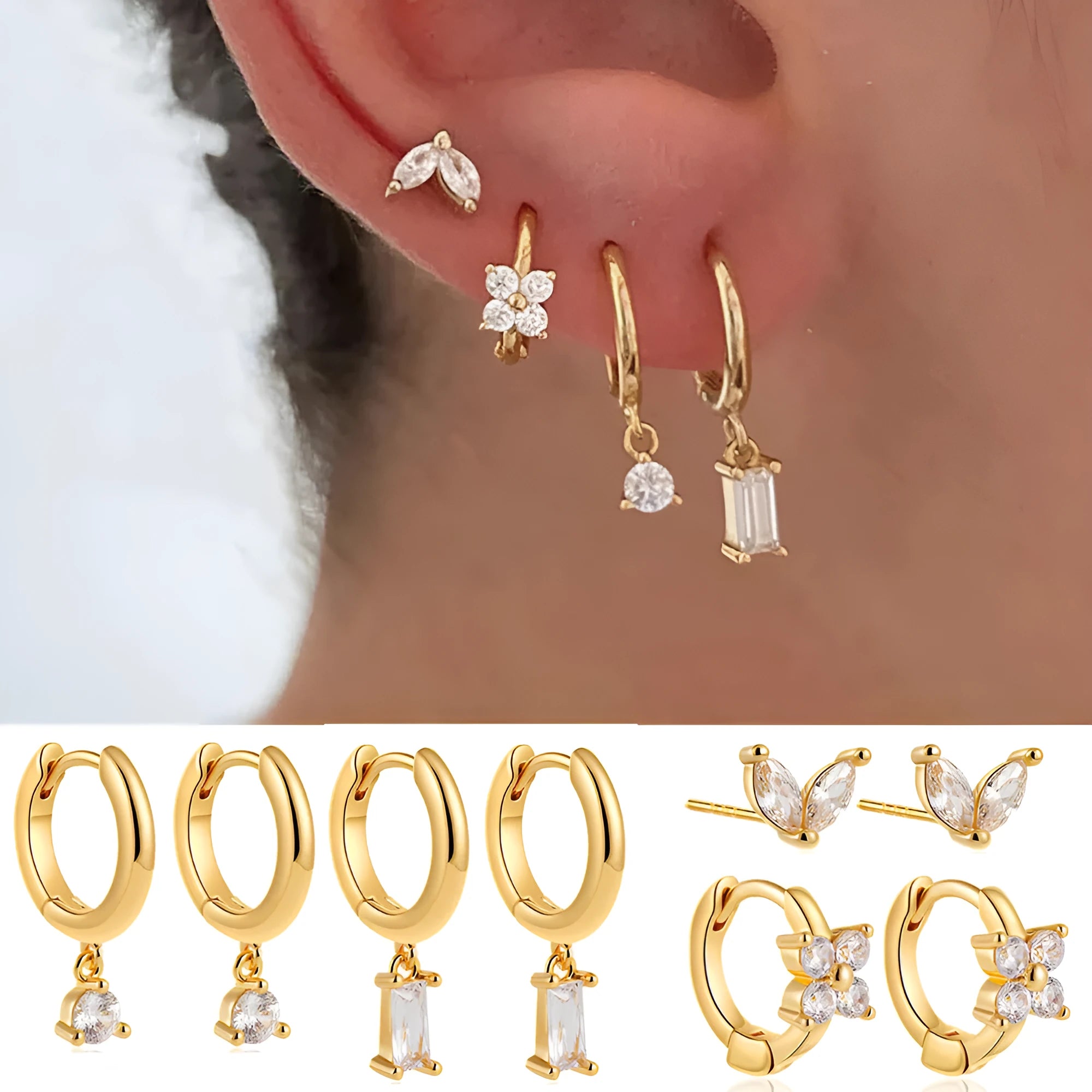 Geometric square earrings set with zircon details in gold or silver electroplated finish