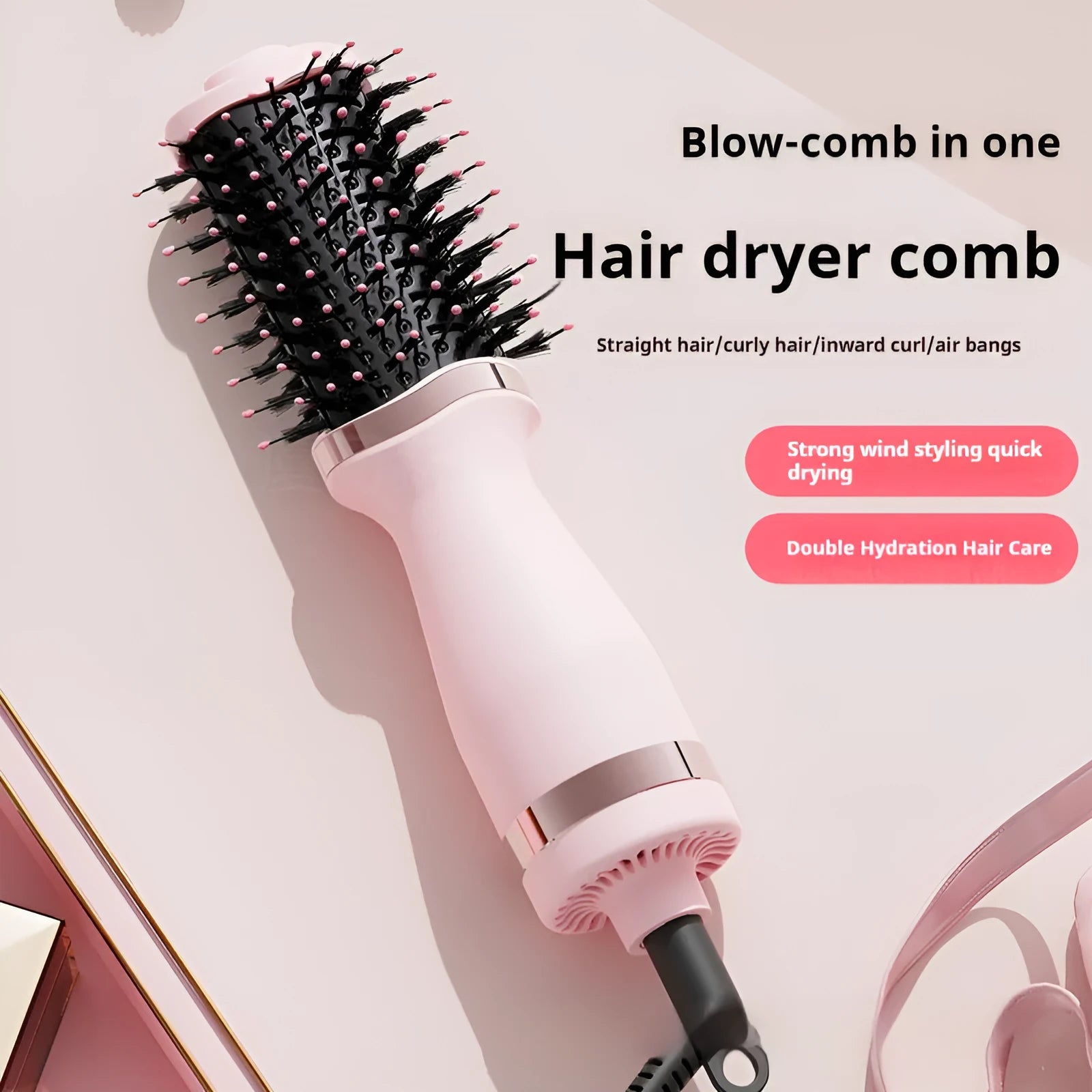 Pink multifunctional hair dryer with integrated comb and curling attachments on white background